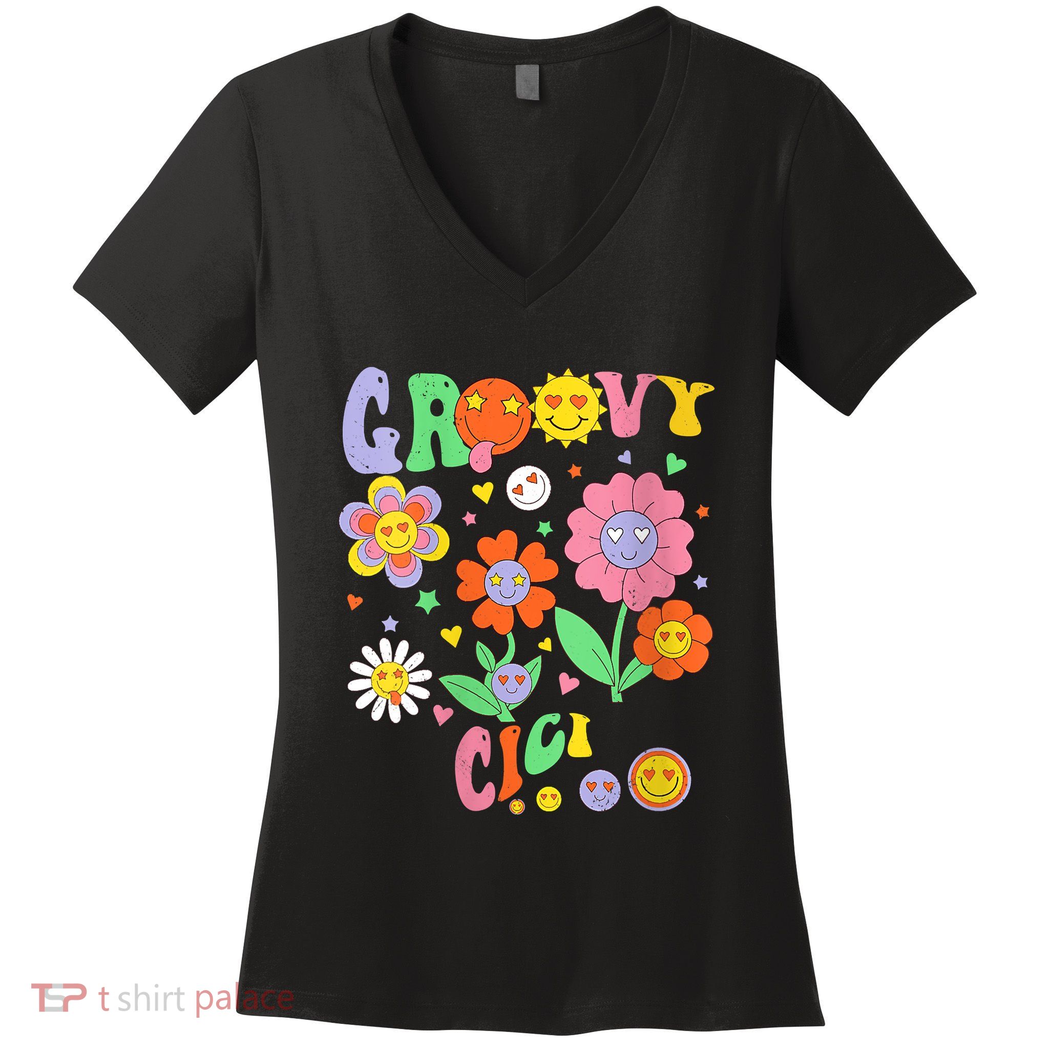 Womens Retro Groovy Cici Groovy Birthday Party Matching Family Women's V-Neck T-Shirt