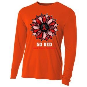 Wo Red Heart Disease Awareness Month Ribbon Sunflower Gift Cooling Performance Long Sleeve Crew