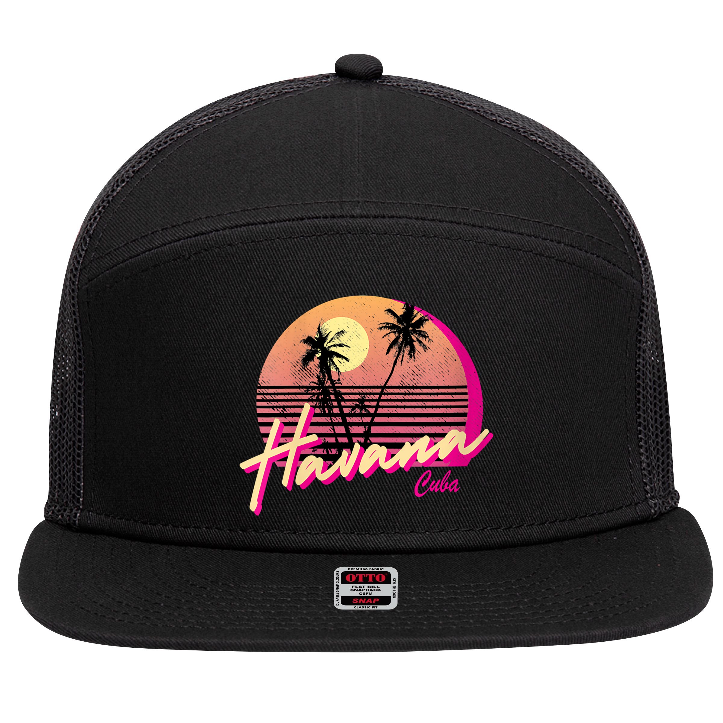 Womens Retro Havana Cuba California Beach Sunset 7 Panel Mesh Trucker Snapback Hat