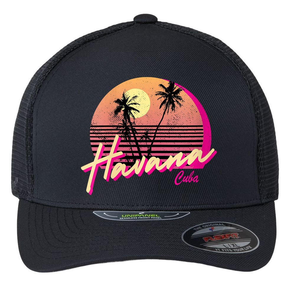 Womens Retro Havana Cuba California Beach Sunset Flexfit Unipanel Trucker Cap