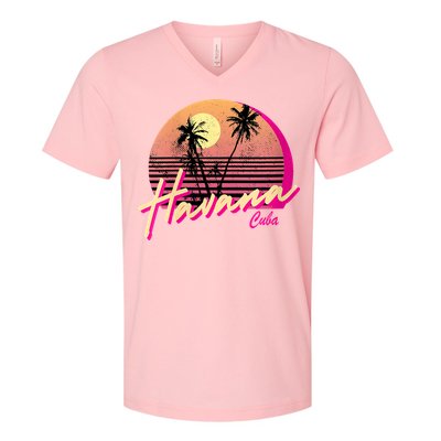 Womens Retro Havana Cuba California Beach Sunset V-Neck T-Shirt