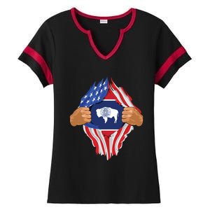 Wyoming Roots Inside State Flag American Proud Ladies Halftime Notch Neck Tee