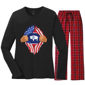 Wyoming Roots Inside State Flag American Proud Women's Long Sleeve Flannel Pajama Set 