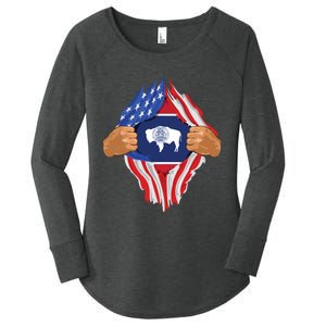 Wyoming Roots Inside State Flag American Proud Women's Perfect Tri Tunic Long Sleeve Shirt