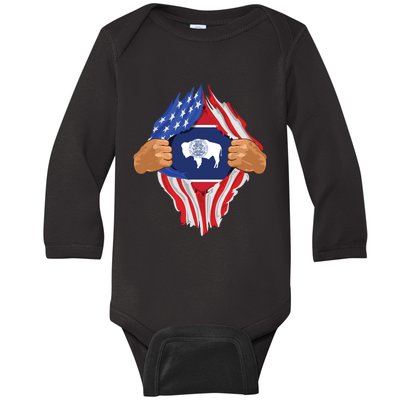 Wyoming Roots Inside State Flag American Proud Baby Long Sleeve Bodysuit