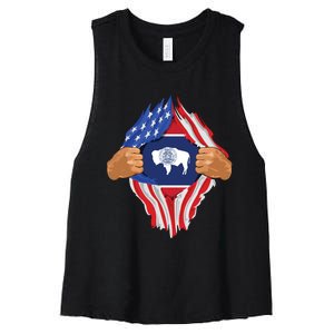 Wyoming Roots Inside State Flag American Proud Women's Racerback Cropped Tank