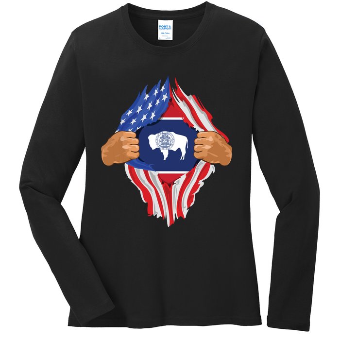 Wyoming Roots Inside State Flag American Proud Ladies Long Sleeve Shirt