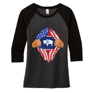 Wyoming Roots Inside State Flag American Proud Women's Tri-Blend 3/4-Sleeve Raglan Shirt