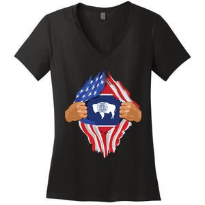 Wyoming Roots Inside State Flag American Proud Women's V-Neck T-Shirt