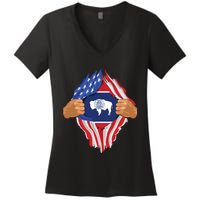 Wyoming Roots Inside State Flag American Proud Women's V-Neck T-Shirt