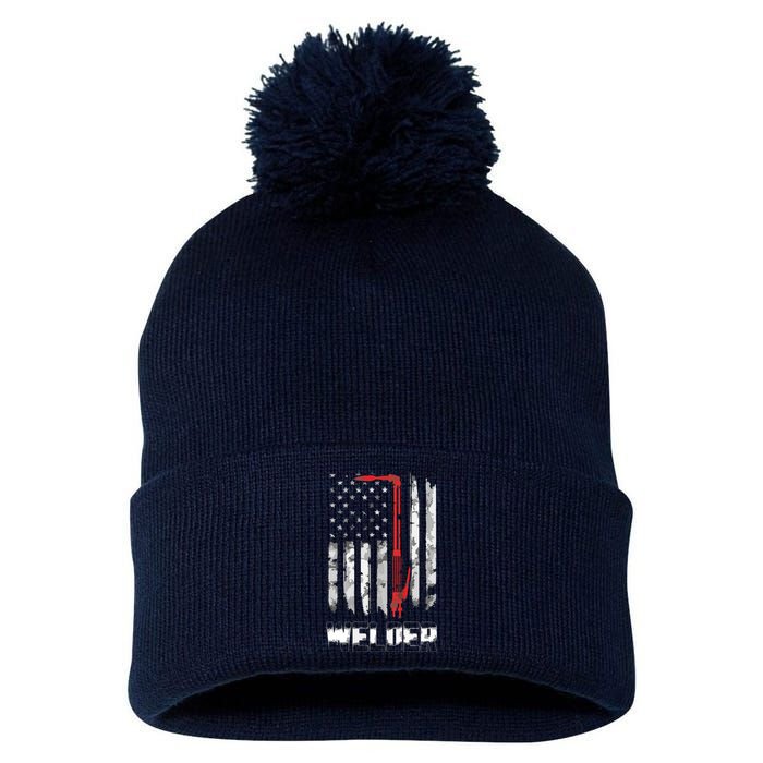 Welder Red Line American Flag USA Patriotic Welder Pom Pom 12in Knit Beanie