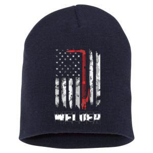 Welder Red Line American Flag USA Patriotic Welder Short Acrylic Beanie