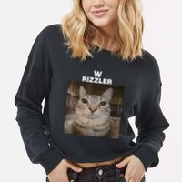 W Rizzler Meme Cat Meme Internet Memes Funny Meme Rizz Genz Cropped Pullover Crew