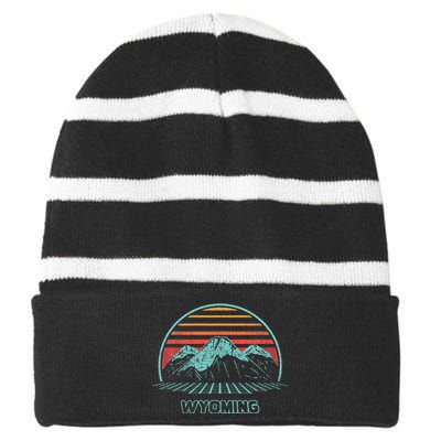 Wyoming Retro Mountain Hiking 80s Style Striped Beanie with Solid Band