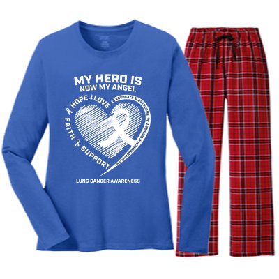 Wings Ribbon My Hero Is Now My Angel Lung Cancer Awareness Gift Women's Long Sleeve Flannel Pajama Set 