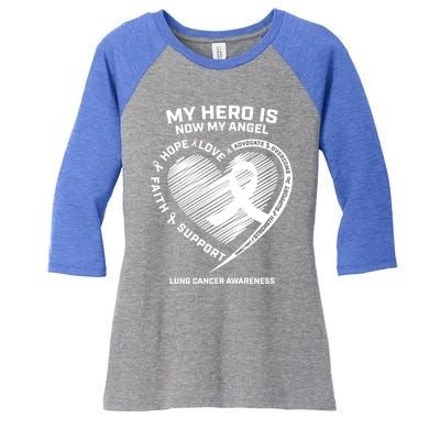 Wings Ribbon My Hero Is Now My Angel Lung Cancer Awareness Gift Women's Tri-Blend 3/4-Sleeve Raglan Shirt