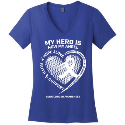 Wings Ribbon My Hero Is Now My Angel Lung Cancer Awareness Gift Women's V-Neck T-Shirt