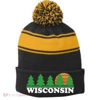 Wisconsin Retro Nature Stripe Pom Pom Beanie