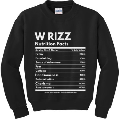 W Rizz Nutrition Facts Funny W Rizz Saying Rizz Kids Sweatshirt