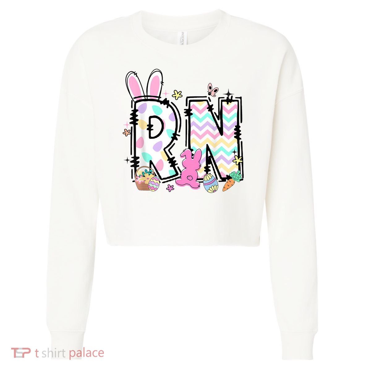 Women Registered Nurse Easter Spring Bunny RN Hospital Staff Cropped Pullover Crew