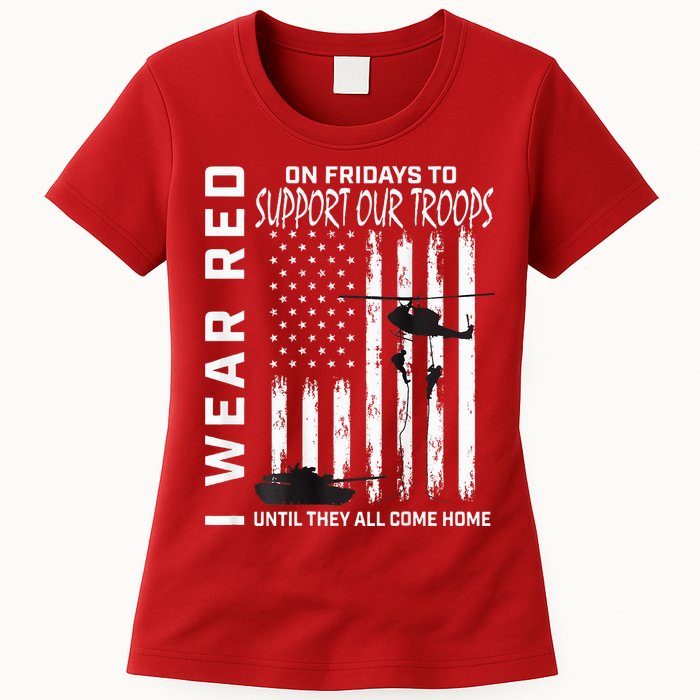 Wear Red On Fridays Military Veteran Support Our Troops Flag Womens T-Shirt