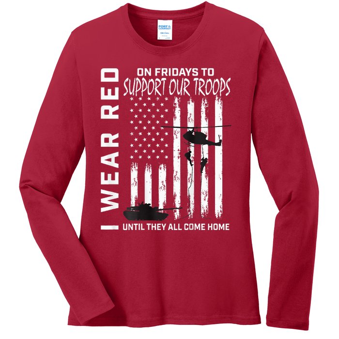 Wear Red On Fridays Military Veteran Support Our Troops Flag Ladies Long Sleeve Shirt