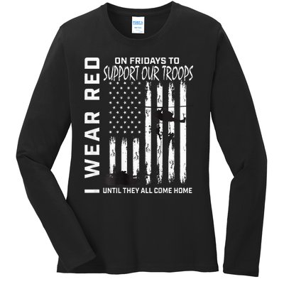 Wear Red On Fridays Military Veteran Support Our Troops Flag Ladies Long Sleeve Shirt