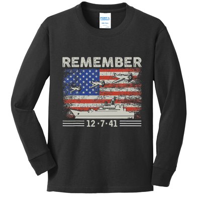 Wwii Remember Pearl Harbor Memorial Day December 7th 1941 Kids Long Sleeve Shirt