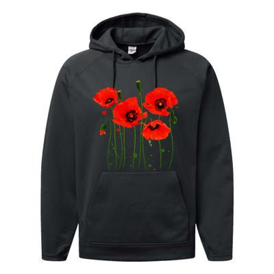 Watercolor Red Poppy Flower Gardening Plants Lover Gift Performance Fleece Hoodie