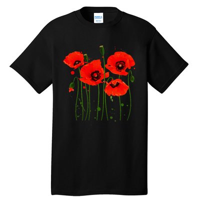 Watercolor Red Poppy Flower Gardening Plants Lover Gift Tall T-Shirt