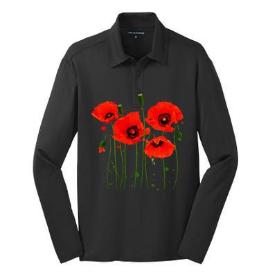 Watercolor Red Poppy Flower Gardening Plants Lover Gift Silk Touch Performance Long Sleeve Polo