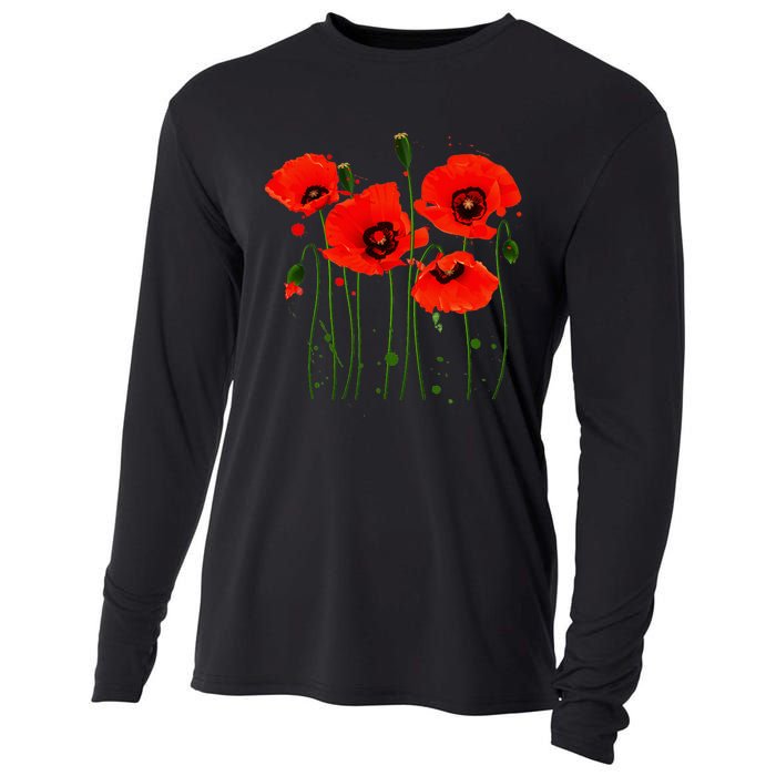 Watercolor Red Poppy Flower Gardening Plants Lover Gift Cooling Performance Long Sleeve Crew