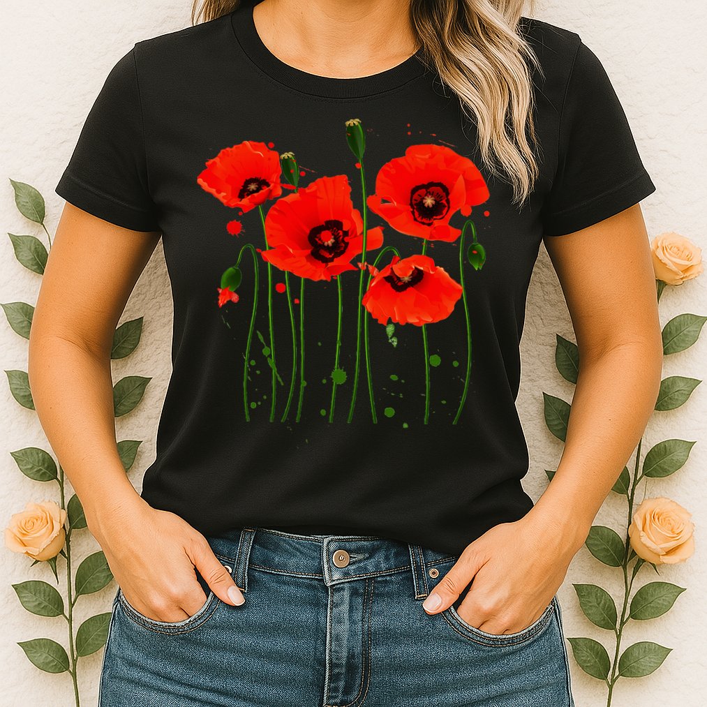 Watercolor Red Poppy Flower Gardening Plants Lover Gift Womens T-Shirt