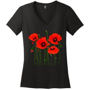 Watercolor Red Poppy Flower Gardening Plants Lover Gift Women's V-Neck T-Shirt