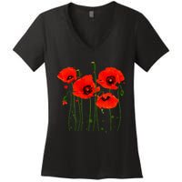 Watercolor Red Poppy Flower Gardening Plants Lover Gift Women's V-Neck T-Shirt