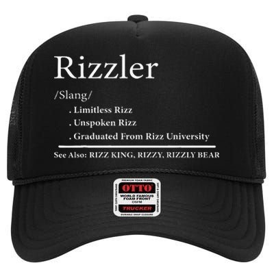 W Rizz The Rizzler Definition Funny Meme Quote Saying High Crown Mesh Back Trucker Hat