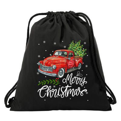 Wagon Red Truck Christmas Tree Pajama Family Xmas Drawstring Bag