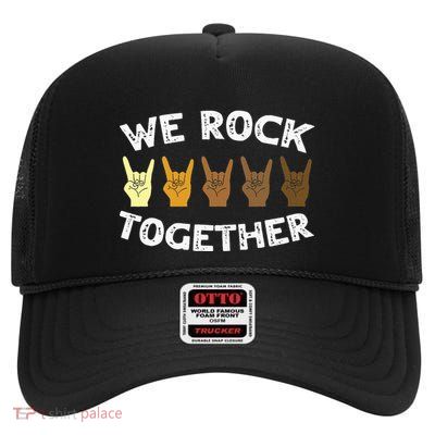 We Rock Together Rocker Skeleton Hand High Crown Mesh Back Trucker Hat