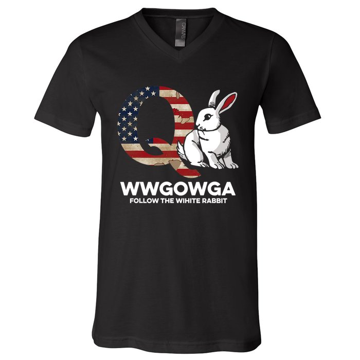 White Rabbit US Flag Q Anon V-Neck T-Shirt