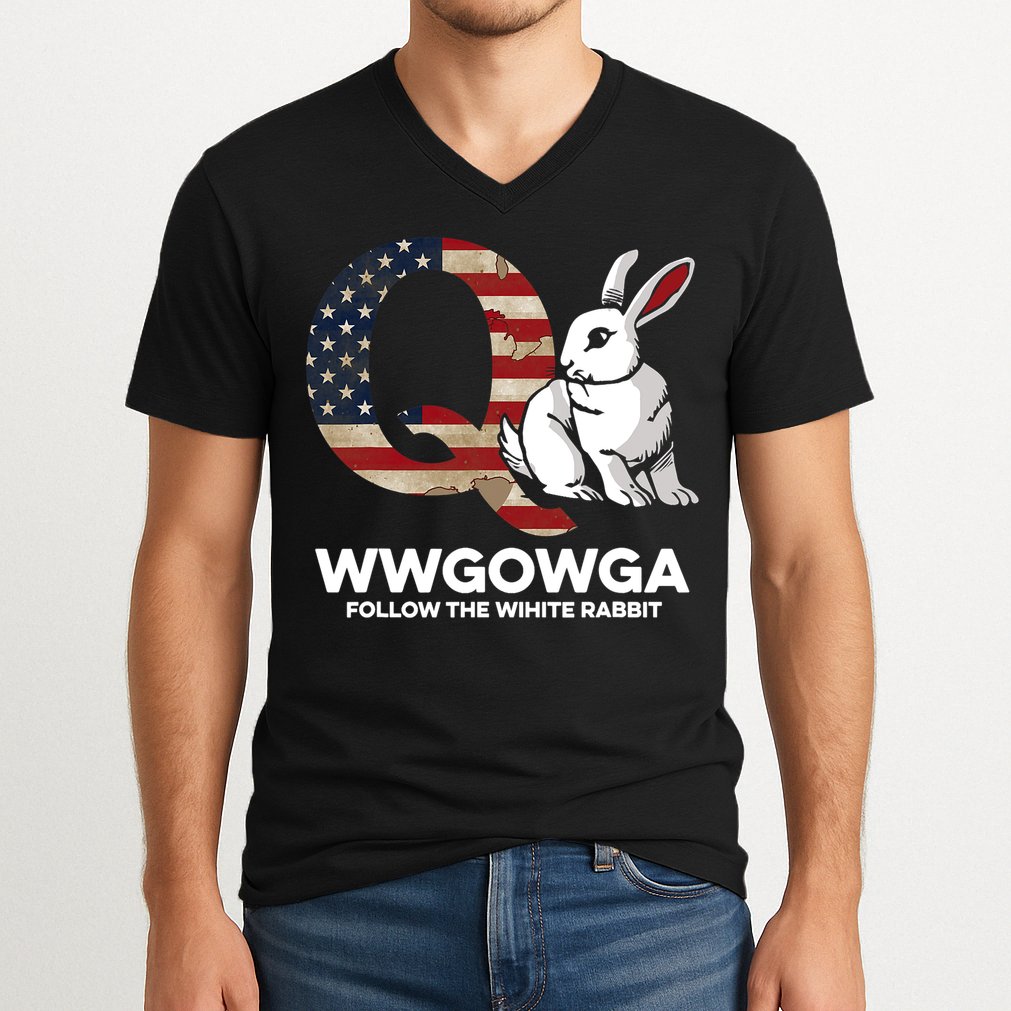 White Rabbit US Flag Q Anon V-Neck T-Shirt