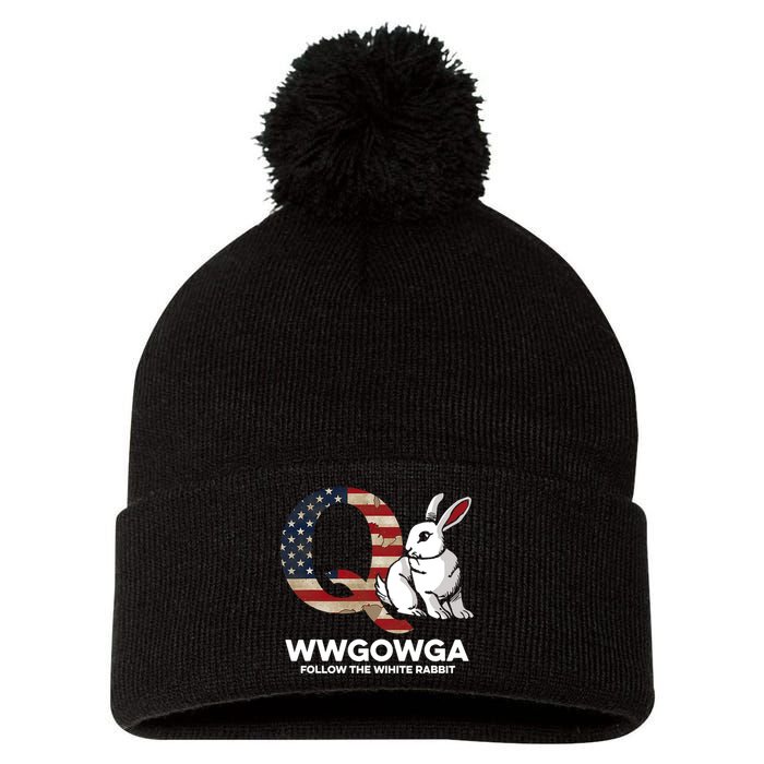 White Rabbit US Flag Q Anon Pom Pom 12in Knit Beanie