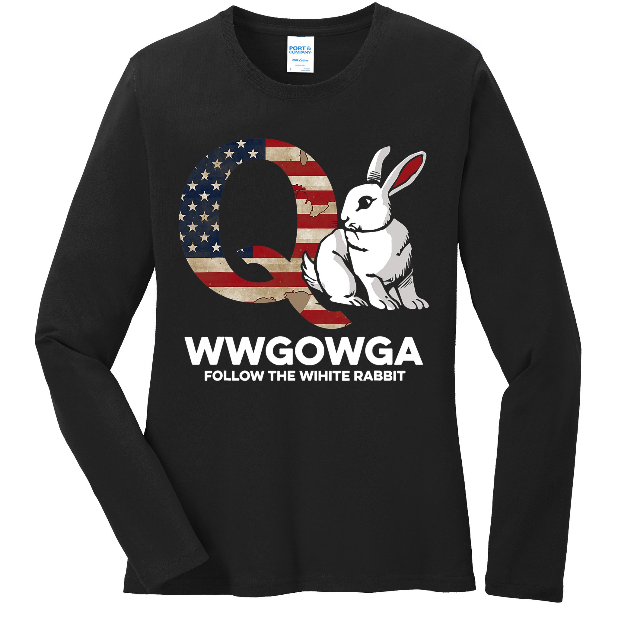 White Rabbit US Flag Q Anon Ladies Long Sleeve Shirt
