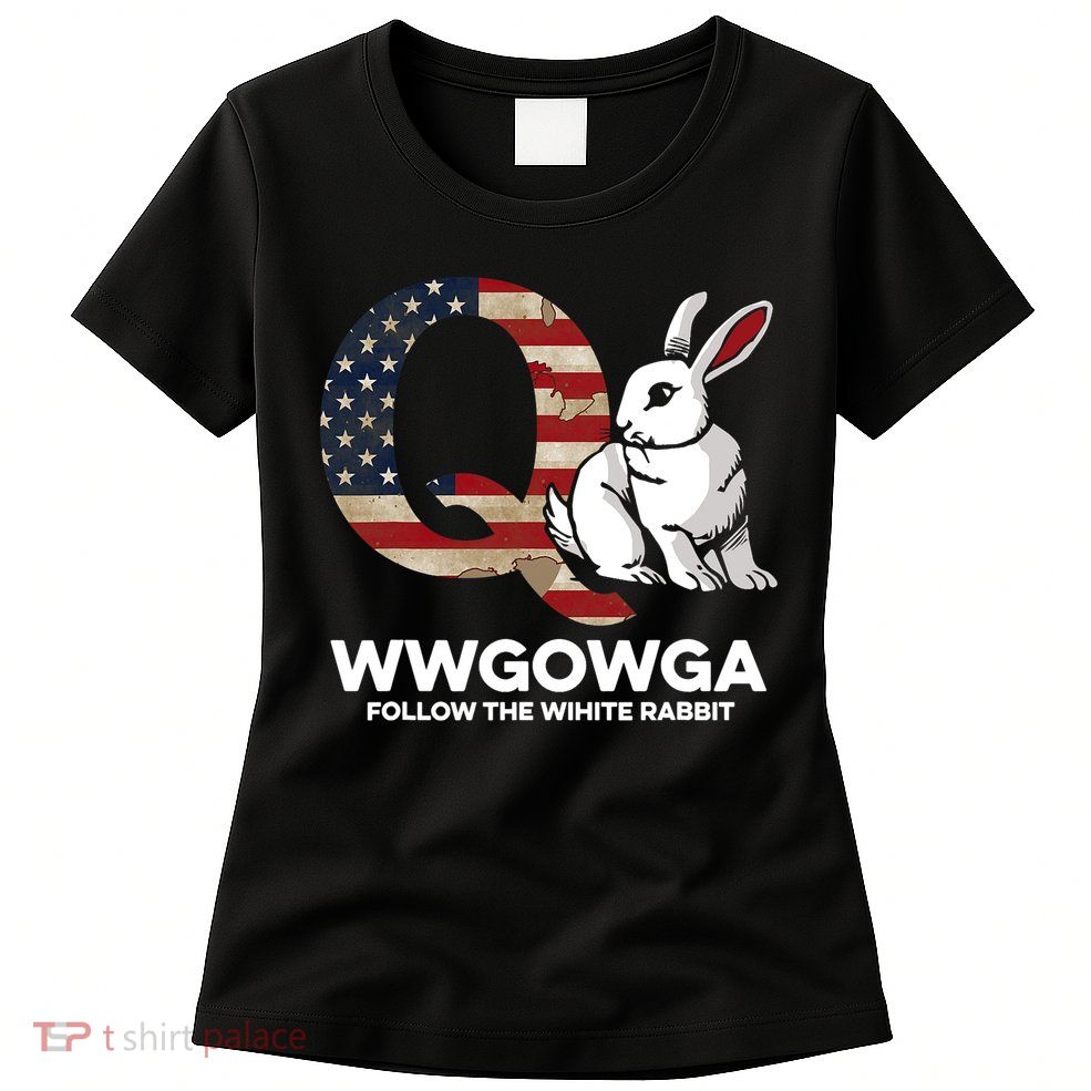 White Rabbit US Flag Q Anon Womens T-Shirt