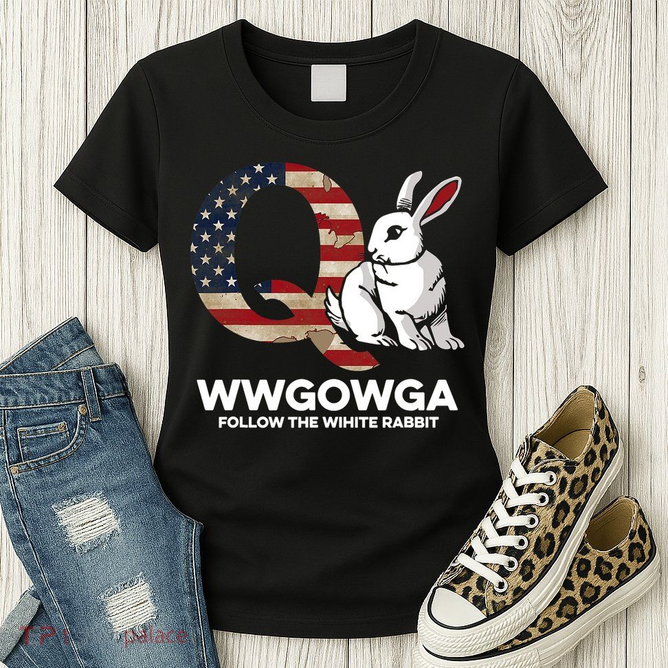 White Rabbit US Flag Q Anon Womens T-Shirt