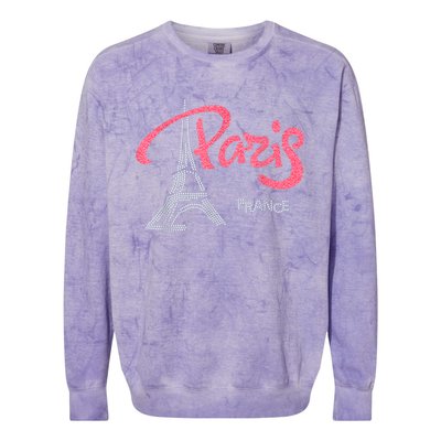 Women's Rhinestone & Vinyl Fitted Tight Pink Paris Eiffel Colorblast Crewneck Sweatshirt