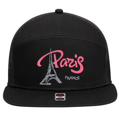 Women's Rhinestone & Vinyl Fitted Tight Pink Paris Eiffel 7 Panel Mesh Trucker Snapback Hat