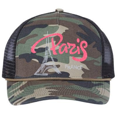 Women's Rhinestone & Vinyl Fitted Tight Pink Paris Eiffel Retro Rope Trucker Hat Cap