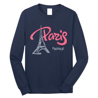 Women's Rhinestone & Vinyl Fitted Tight Pink Paris Eiffel Long Sleeve Shirt