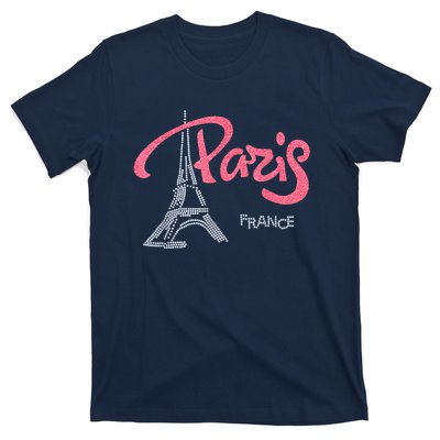 Women's Rhinestone & Vinyl Fitted Tight Pink Paris Eiffel T-Shirt