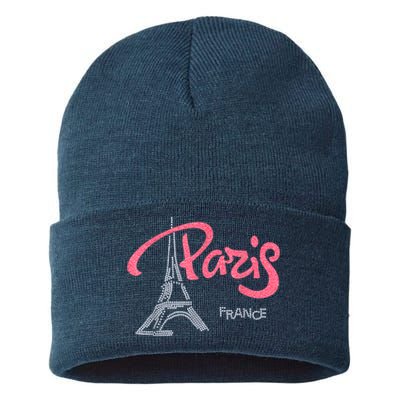 Women's Rhinestone & Vinyl Fitted Tight Pink Paris Eiffel Sustainable Knit Beanie